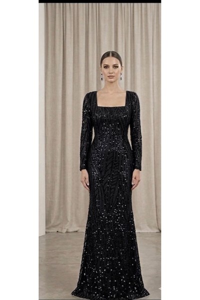 • Noveradress Pullu Payetli Kare Yaka Balık Model Gece Elbisesi