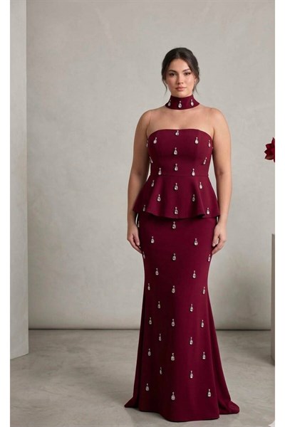 Bordo Büyük Beden Straplez Yaka Taş İşlemeli Peplum Abiye - Nikah ve Nişan Elbisesi