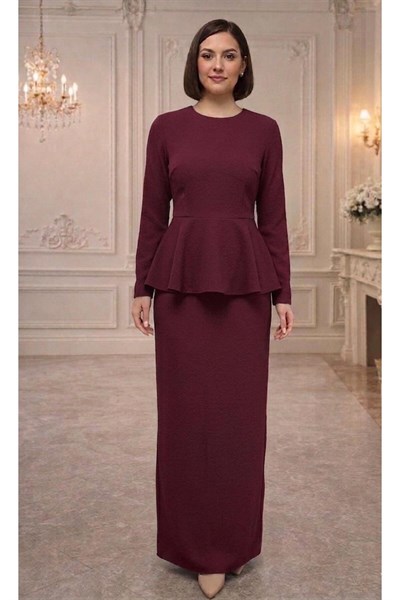 İthal Krep Kumaş,Peplum Kesim Tesettür Abiye Elbise – Pudra / Lacivert / Bordo
