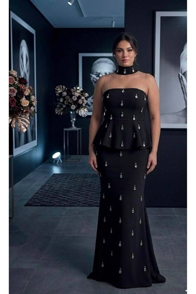 Siyah Straplez Yaka Taş İşlemeli Peplum Abiye - Nikah ve Nişan Elbisesi
