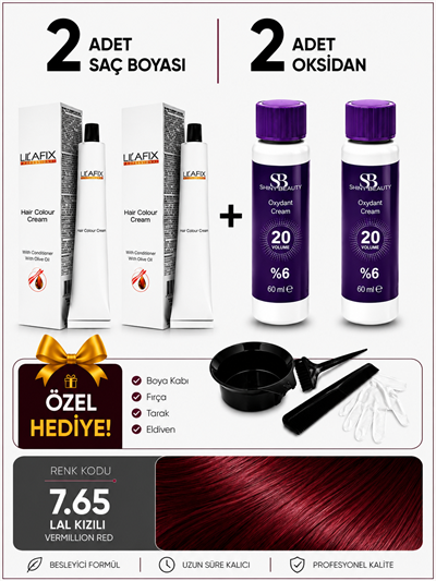 Lal Kızılı Saç Boyası Seti 2'li 7.65 + %6 20 Vol Oksidan + Boyama Hediye Seti