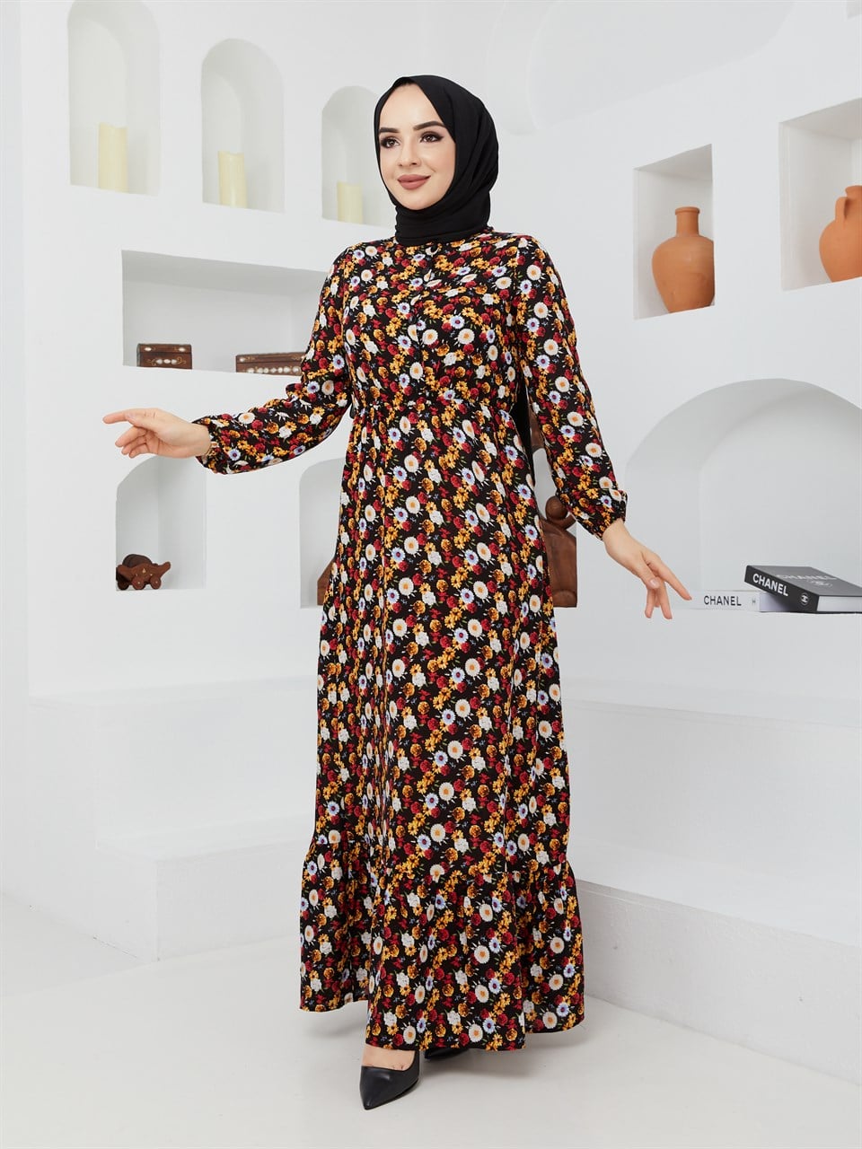 Çiçek Desen Tesettür Elbise BLB 8800-53 Siyah