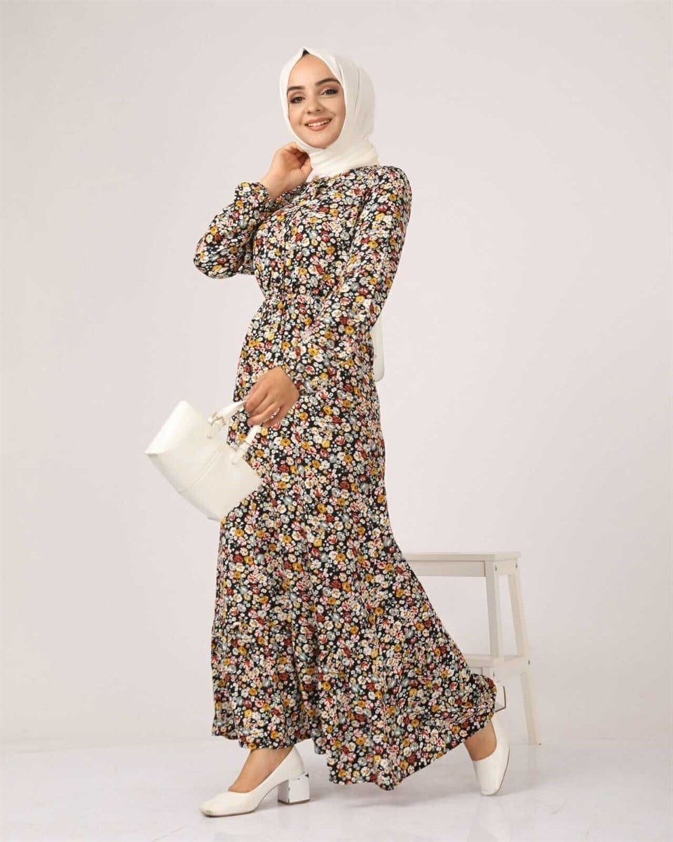 Çıtır Çiçek Desen Tesettür Elbise BLB 8800-36 Siyah