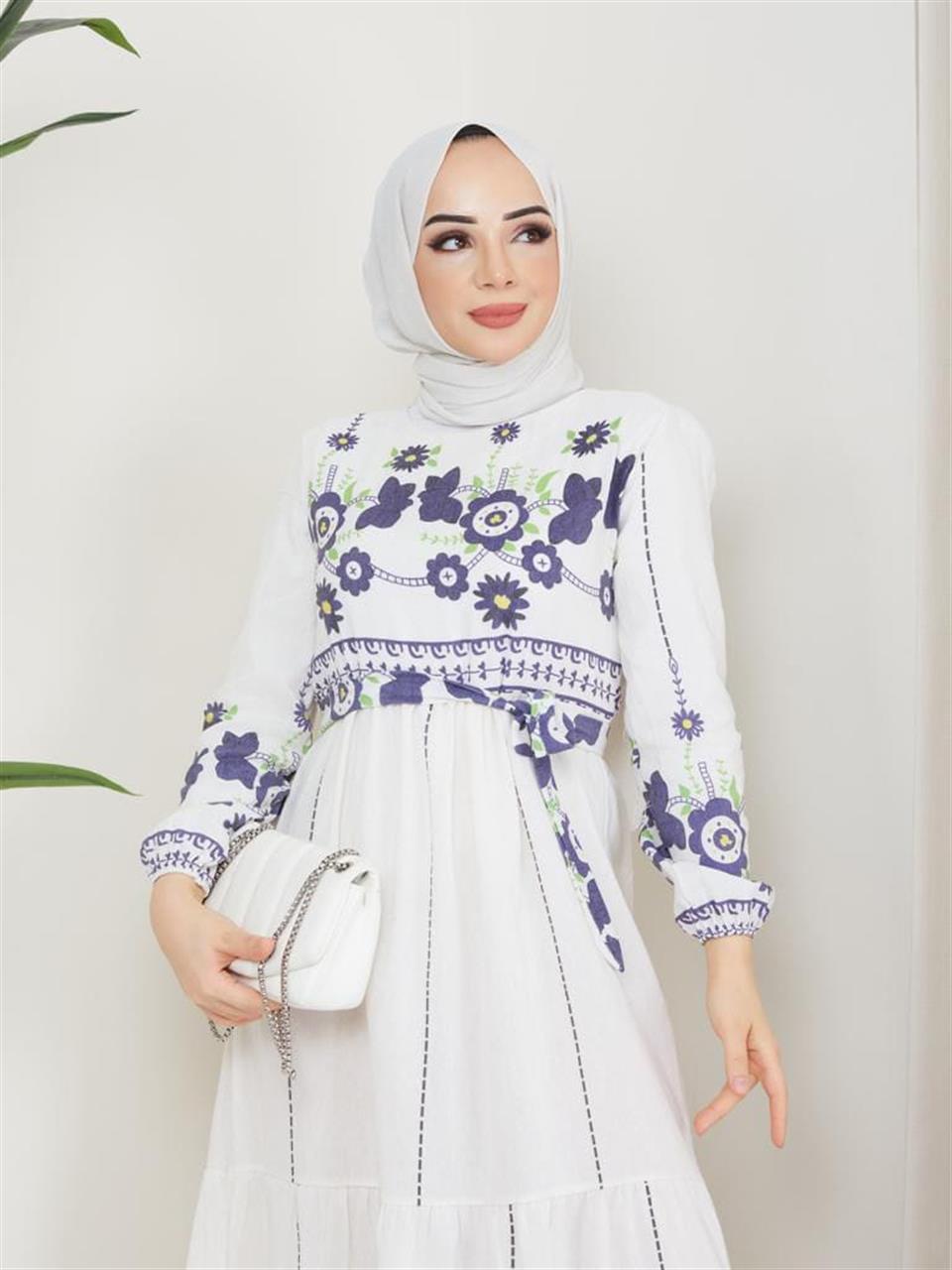 Dijital Baskı Keten Tesettür Elbise 6044 Lacivert