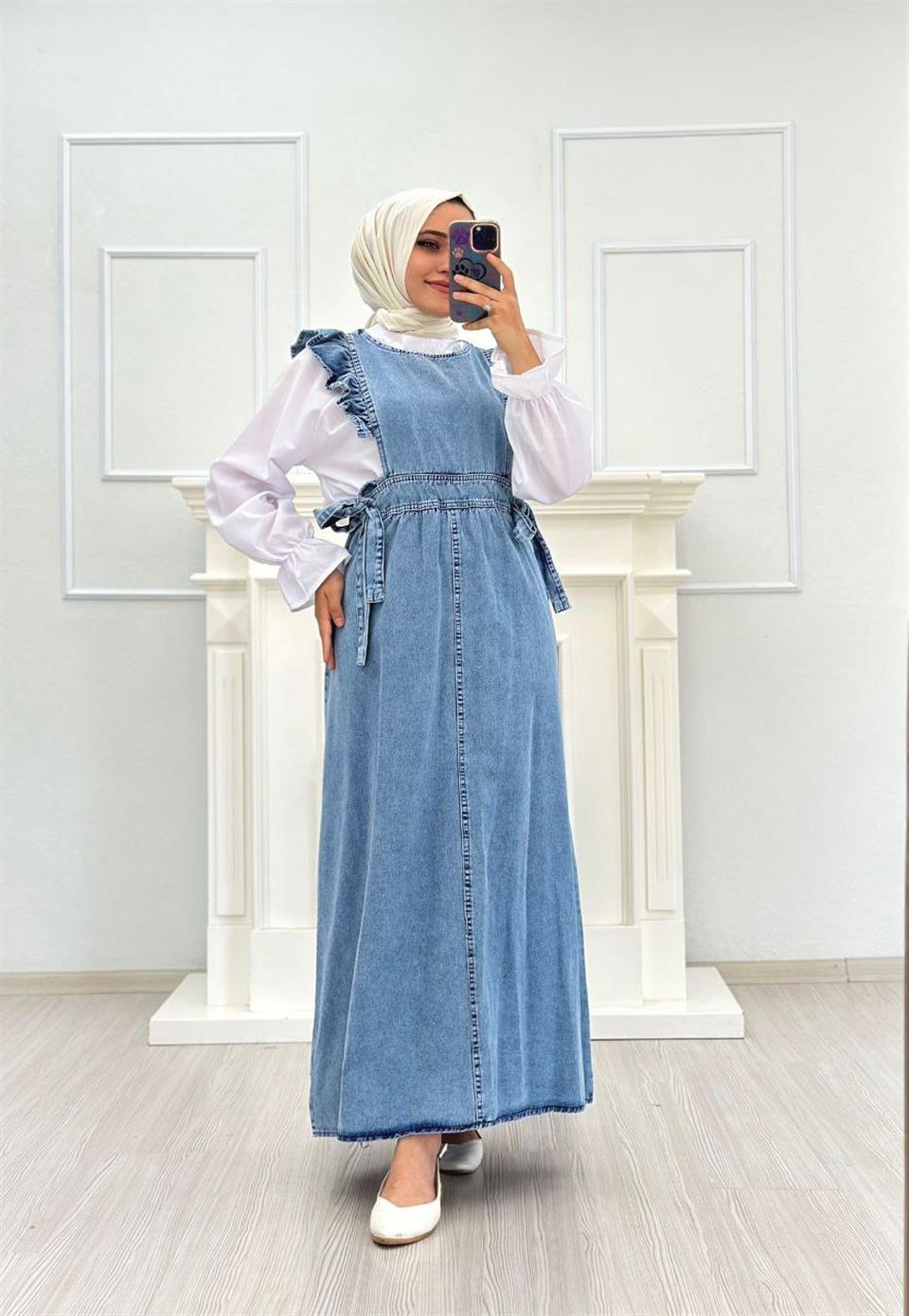 Fırfırlı Kot Tesettür Jile 6067 Mavi