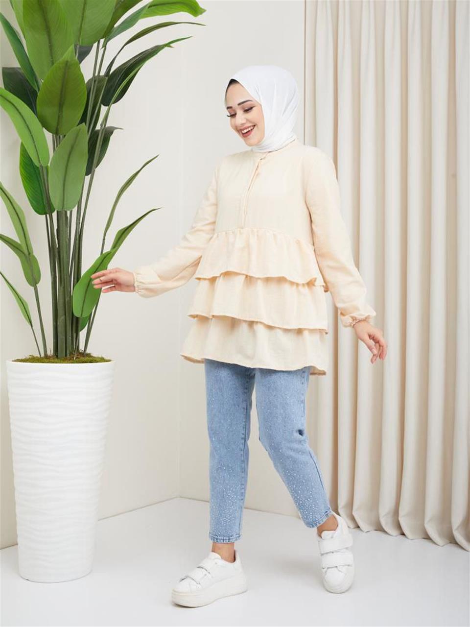 Fırfırlı Tesettür Tunik 6032 Krem