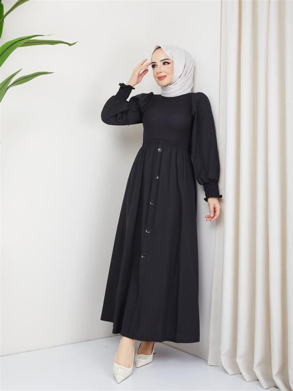 Garnili Tesettür Elbise 6039 Siyah