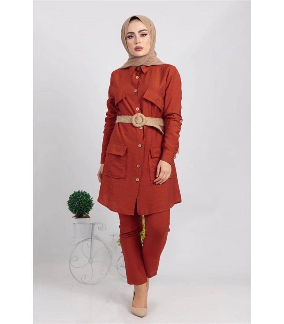 Hasır Kemerli Tunik Pantolon 5826 Kiremit