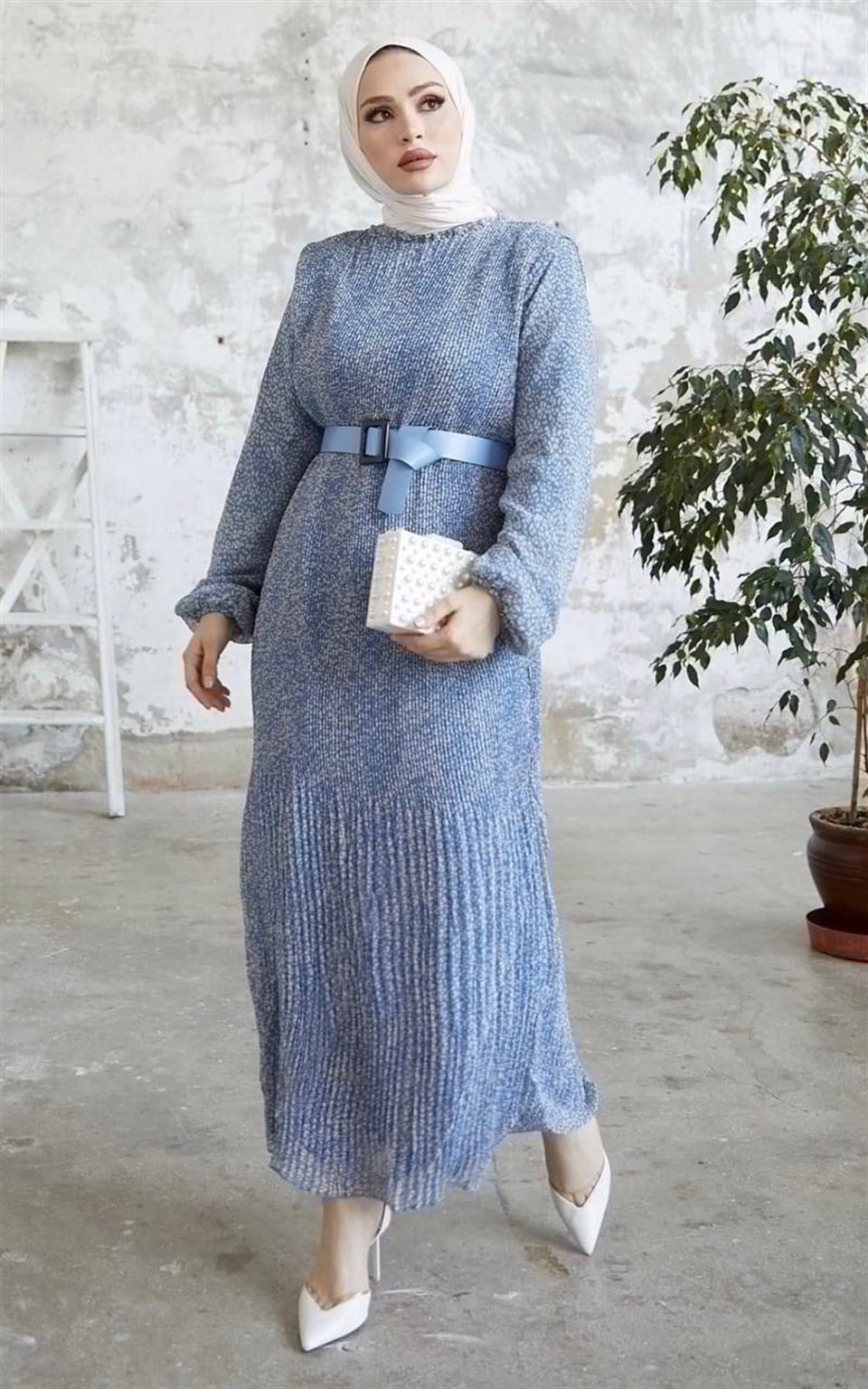 Komple Piliseli Şifon Tesettür Elbise 2215 Gri