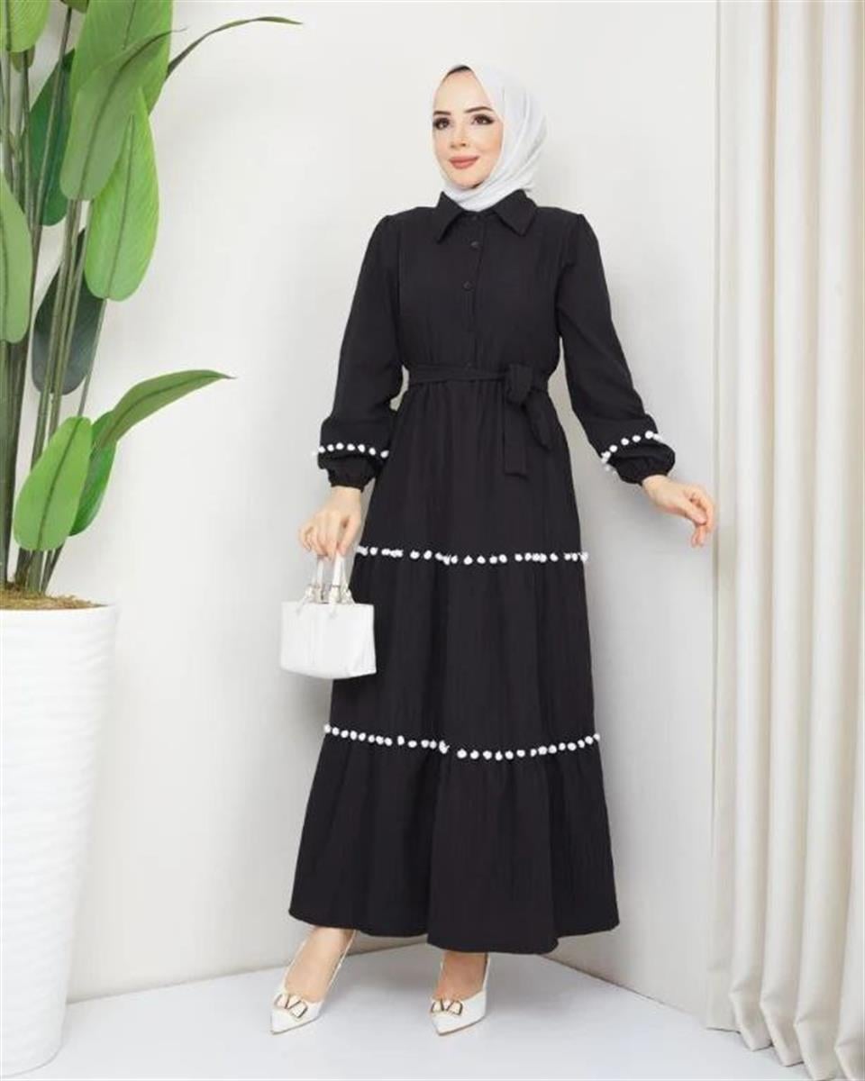 Ponpon Detaylı Tesettür Elbise 6052 Siyah