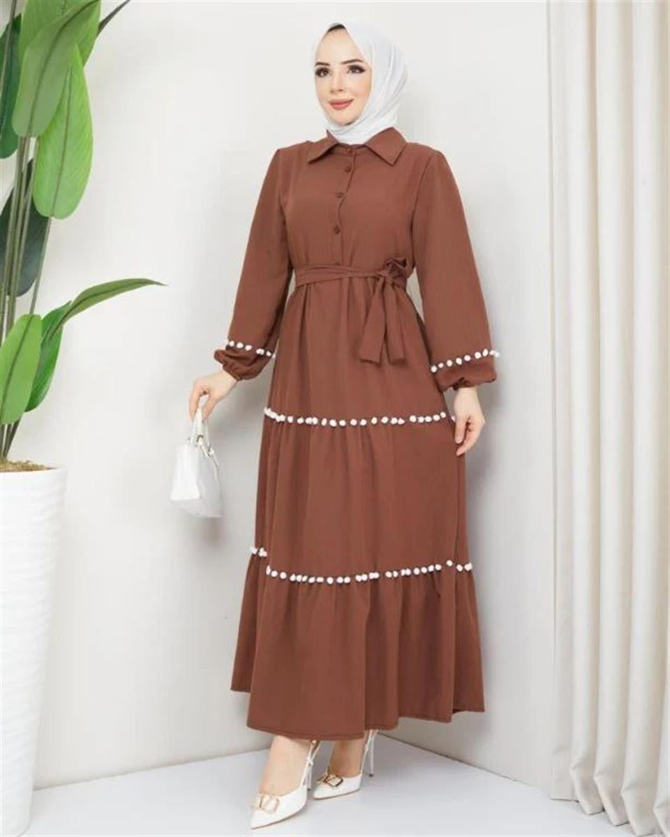 Ponpon Detaylı Tesettür Elbise 6052 Taba