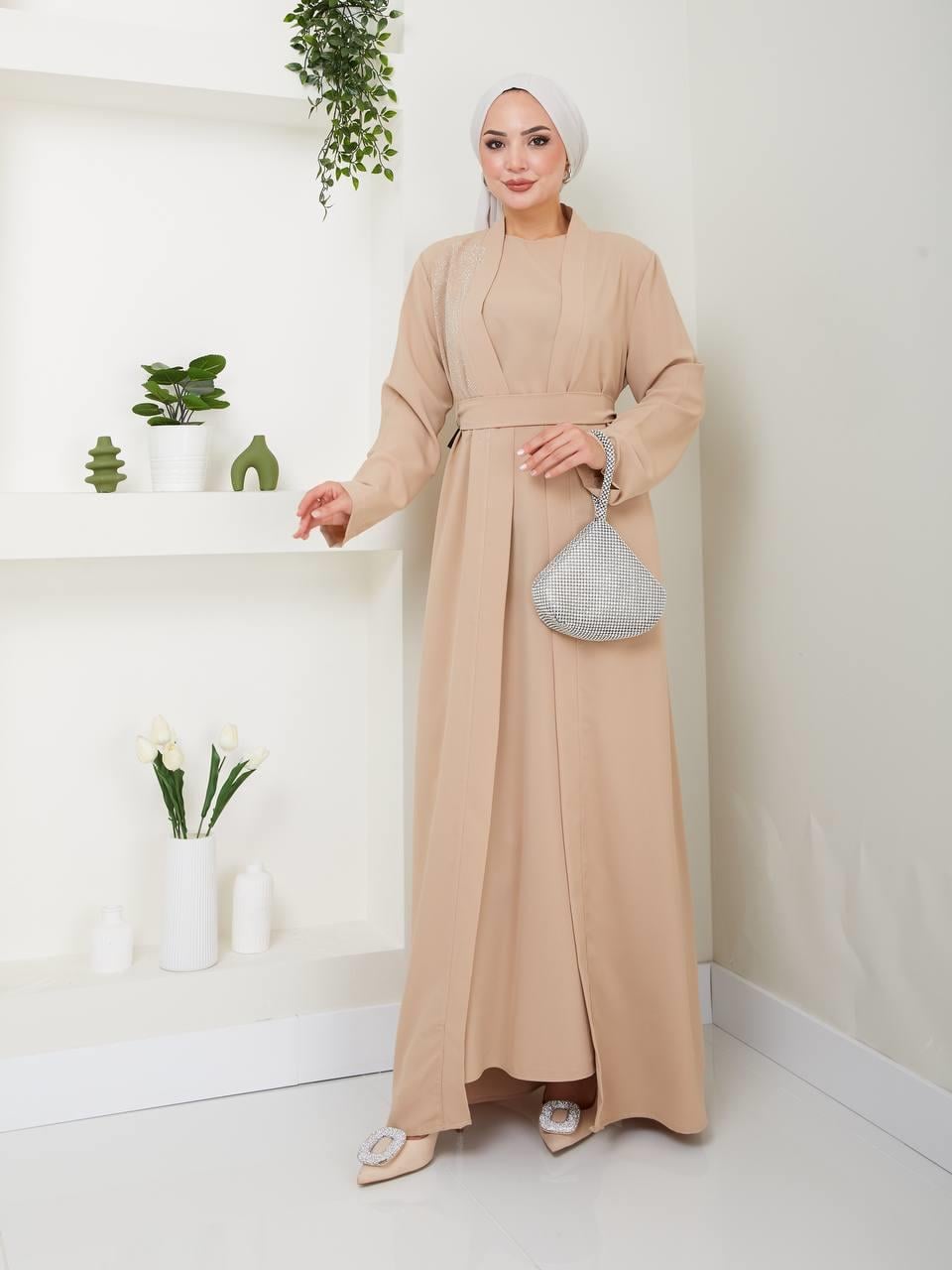 Taş Detaylı Abaya Takım 5031 Bej