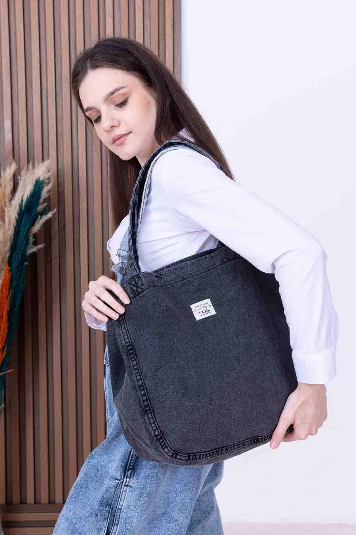 Yıkamalı Gerçek Kot Denim Omuz Çantası 2267 Füme