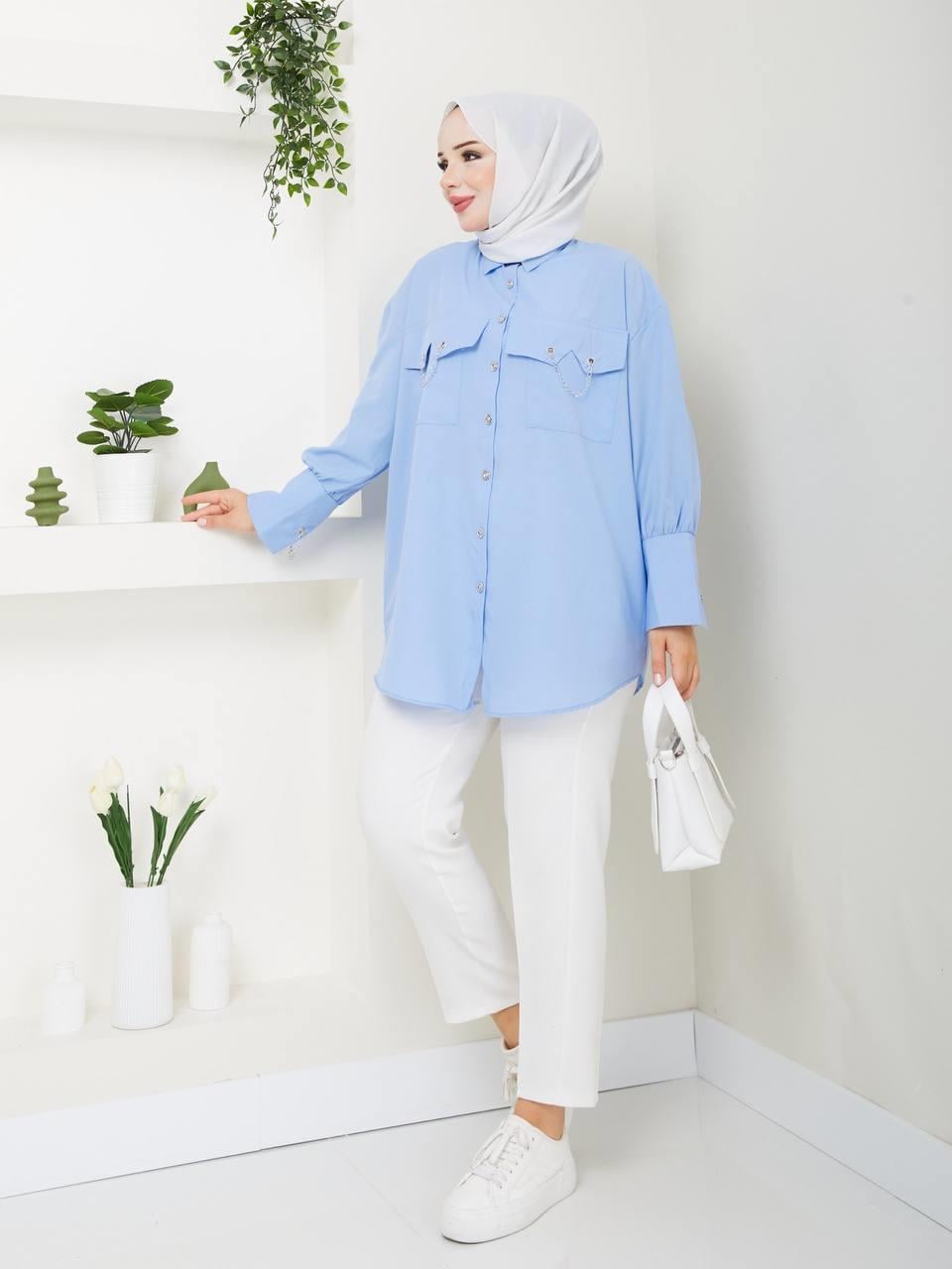 Zincir Detaylı Tesettür Tunik 5037 Bebe Mavisi