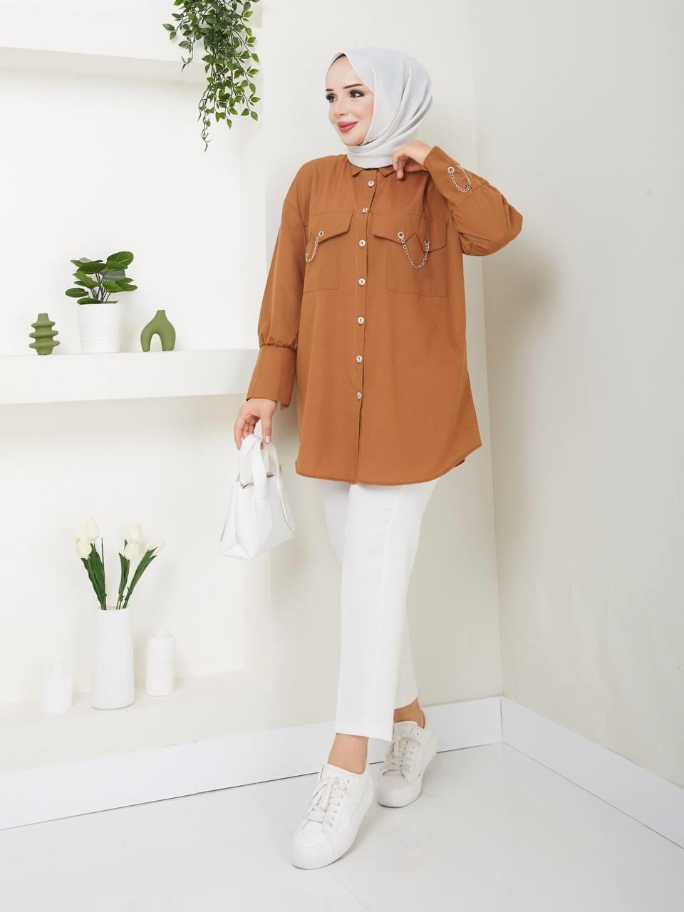 Zincir Detaylı Tesettür Tunik 5037 Taba