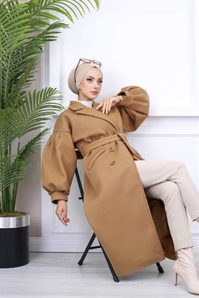 Balon Kol Tesettür Kaşe Kaban 5004 Sütlü Kahve