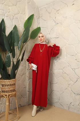 Balon Kol Tesettür Triko Elbise 3007 Kırmızı