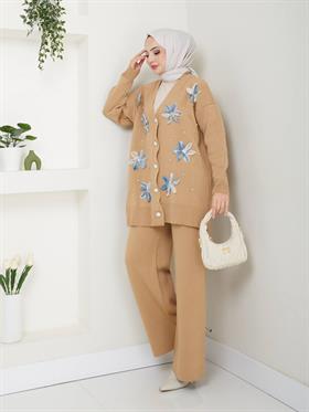 Çiçekli Tesettür Triko Kombin 6066 Bej