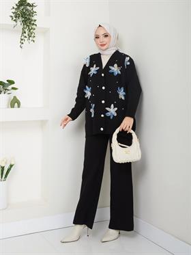 Çiçekli Tesettür Triko Kombin 6066 Siyah