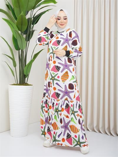 Deniz Yıldızı Desenli Tesettür Spor Elbise 20262 Ekru