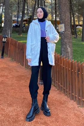 Düğmeli Peluş Tesettür Hırka 4008 Ekru