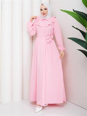 Fırfır Detaylı Tesettür Elbise 2294 Gül Kurusu