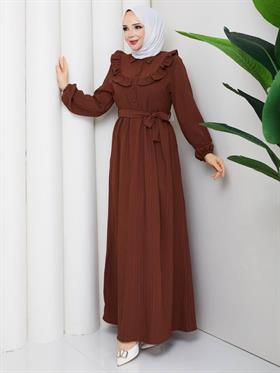 Fırfır Detaylı Tesettür Elbise 2294 Kahverengi