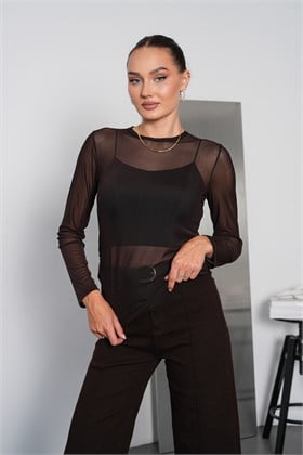 KAHVERENGİ TÜL ASTAR BLUZ
