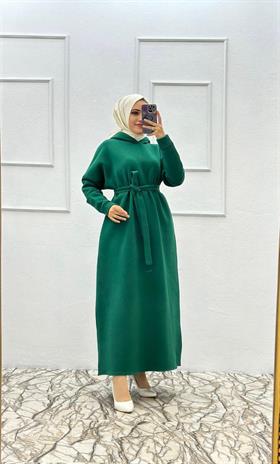 Kapşonlu Tesettür Elbise 6020 Zümrüt Yeşili