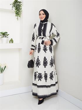 Kuşaklı Salaş Tesettür Elbise 2263 Ekru