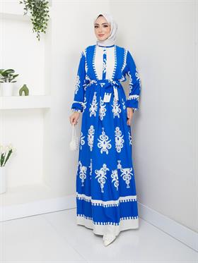 Kuşaklı Salaş Tesettür Elbise 2263 Saks Mavisi