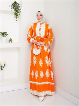 Kuşaklı Salaş Tesettür Elbise 2263 Turuncu