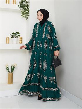 Leopar Detaylı Salaş Tesettür Elbise 2272 Zümrüt Yeşili