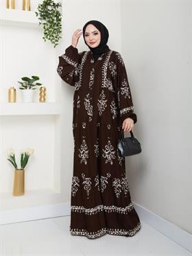 Leopar Detaylı Salaş Tesettür Elbise 2272 Kahverengi