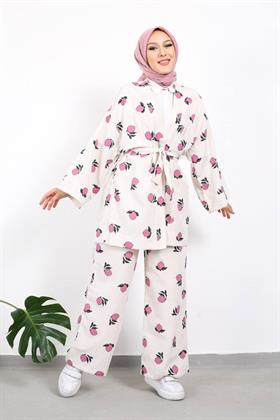 Limon Desenli Kimono Pantolon Tesettür Kombin 2219 Lila