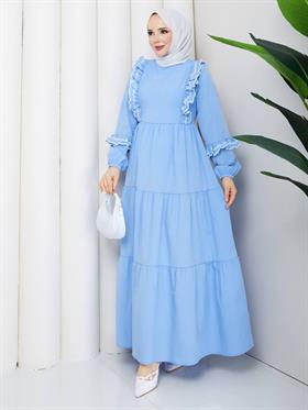 Nakış Fırfırlı Tesettür Elbise 2297 Bebe Mavisi