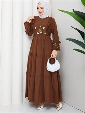 Nakışlı Tesettür Elbise 2291 Taba