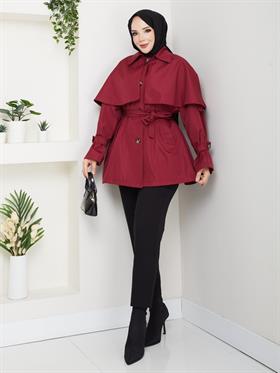Pelerinli Kemerli Trençkot 2285 Bordo