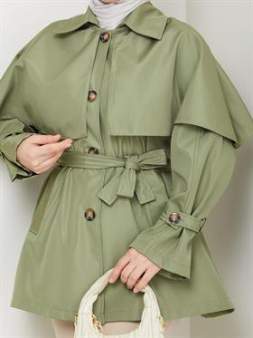 Pelerinli Kemerli Trençkot 2285 Çağla Yeşili