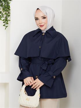 Pelerinli Kemerli Trençkot 2285 Lacivert