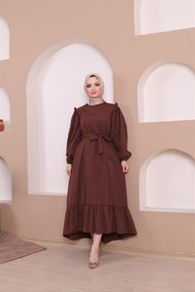 Rahat Kalıp Fırfırlı Tesettür Elbise 4013 Kahverengi