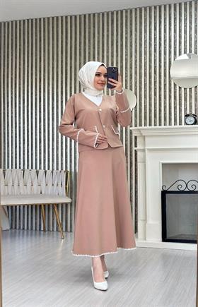 Sahte Cepli Ceket Etek Kombin 6099 Bej