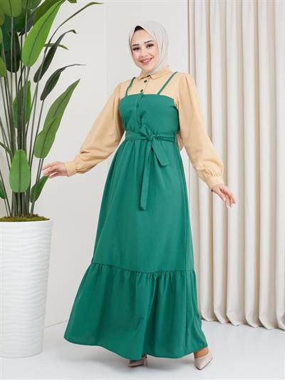 Salopet Görünüm Tesettür Elbise 6036 Yeşil