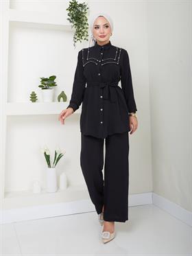 Taş Detaylı Tunik Pantolon Kombin 5030 Siyah