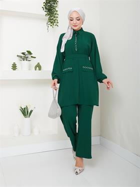 Taş Detaylı Tunik Pantolon Kombin 5033 Zümrüt Yeşili
