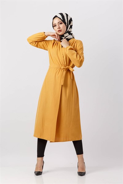 Tünel Kemerli Kadife Trençkot 5908 Hardal