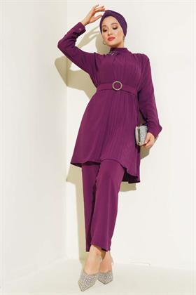 Yakası Taşlı Piliseli Tunik Pantolon Tesettür Kombin 5036 Mürdüm