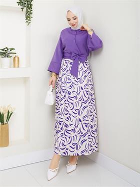 Yandan Bağlamalı Tunik Desenli Etek Takım 2279 Mor