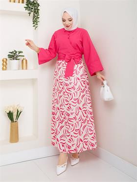Yandan Bağlamalı Tunik Desenli Etek Takım 2279 Fuşya