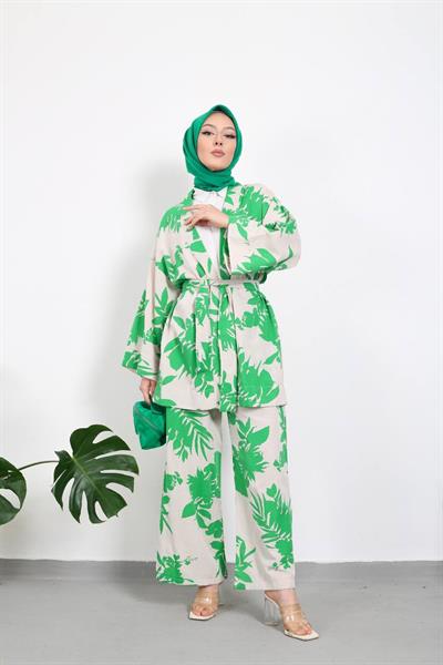 Yaprak Desenli Kimono Pantolon Tesettür Kombin 2219 Yeşil